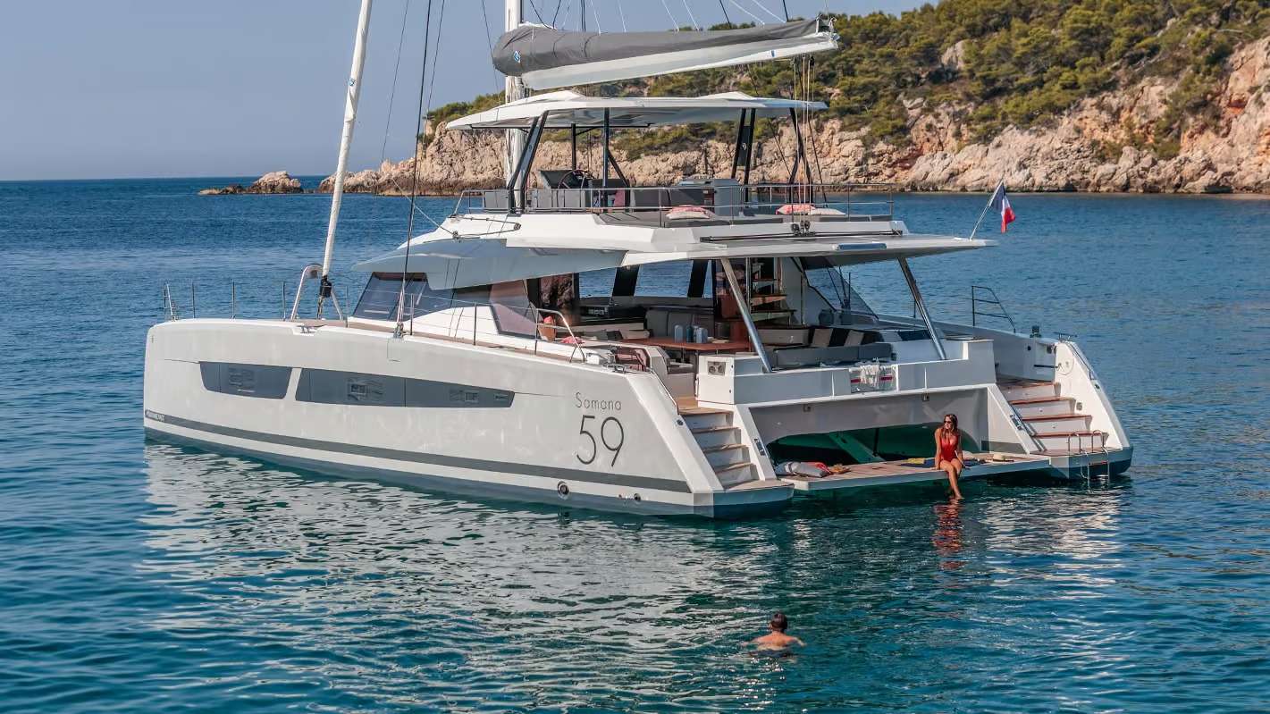 LA PERLE, a Fountaine Pajot sailing catamaran, at anchor