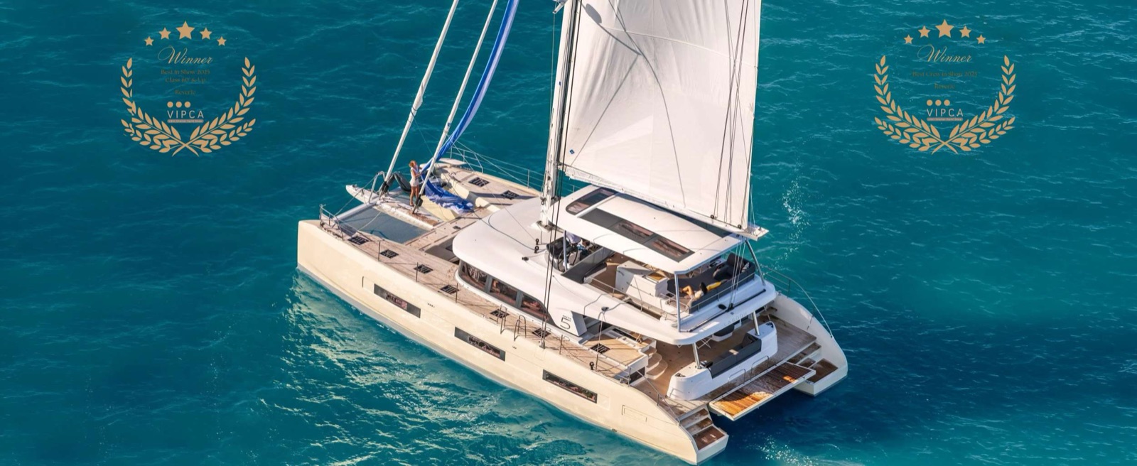 REVERIE, luxury catamaran, cruising at sea