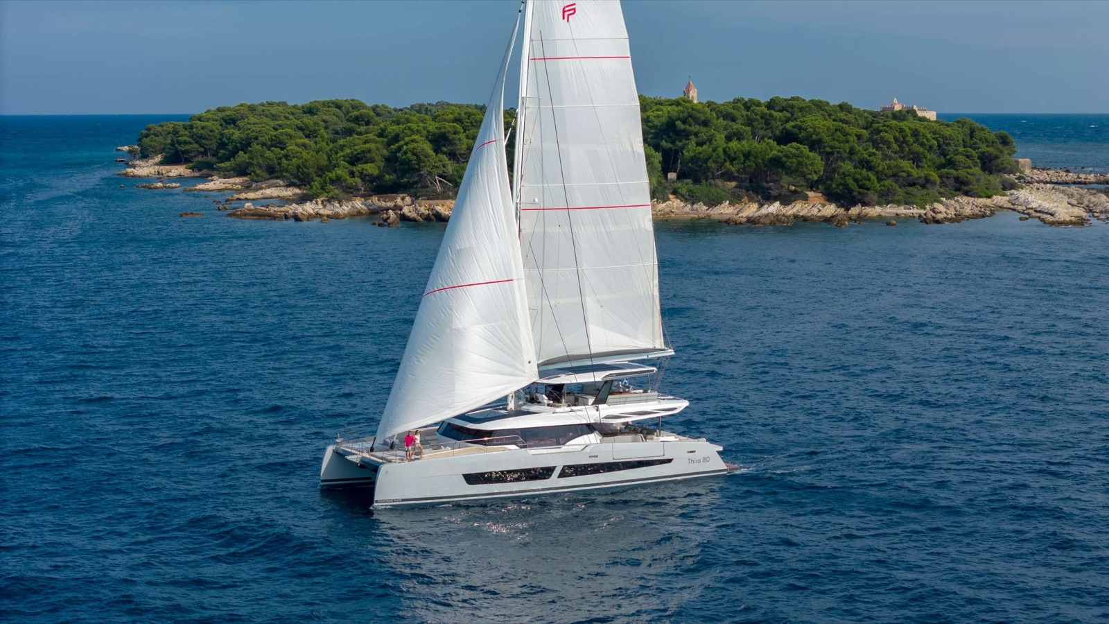 Thira 80, luxury catamaran, cruising at sea