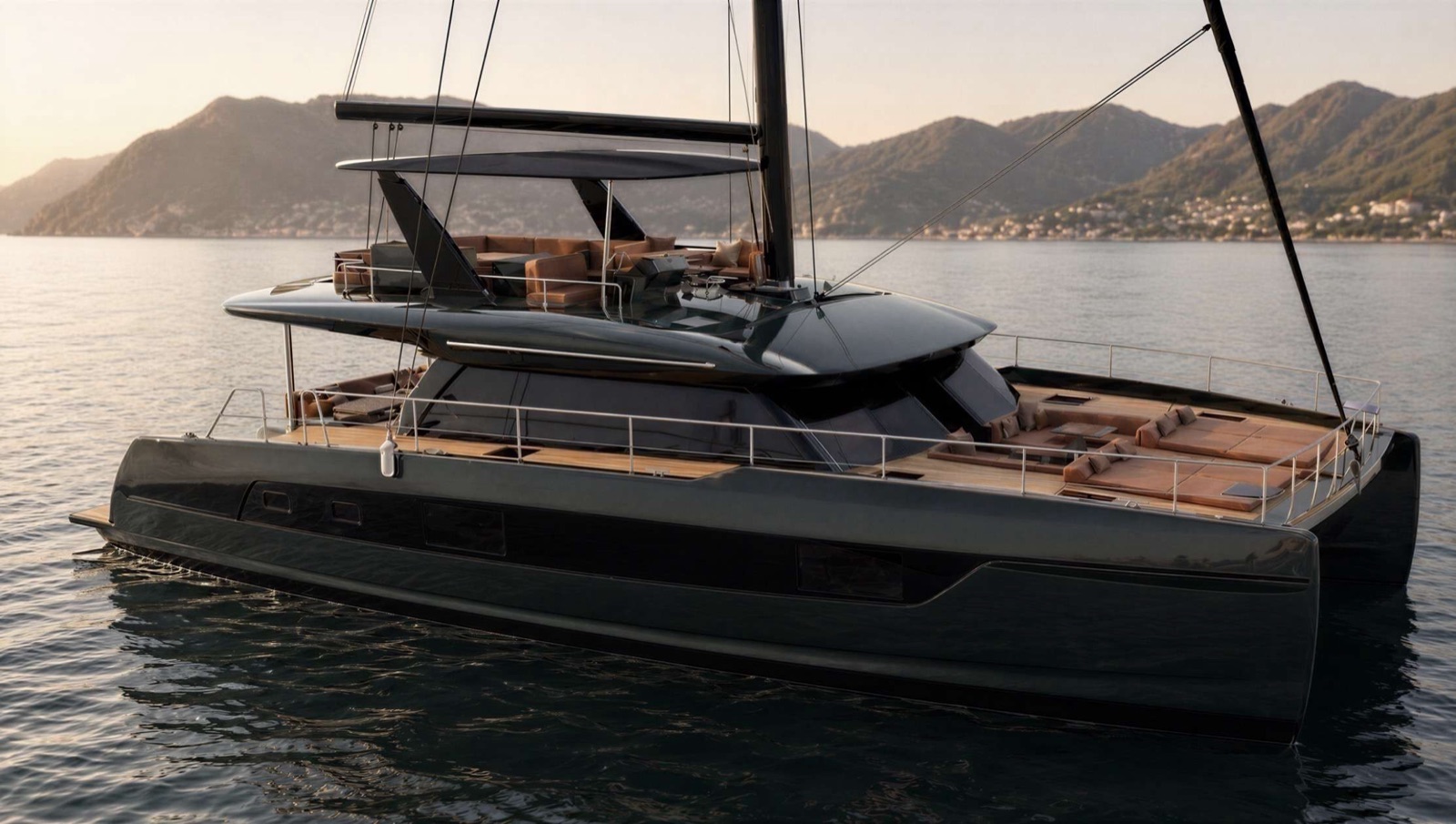 Viridian, luxury catamaran, cruising at sea